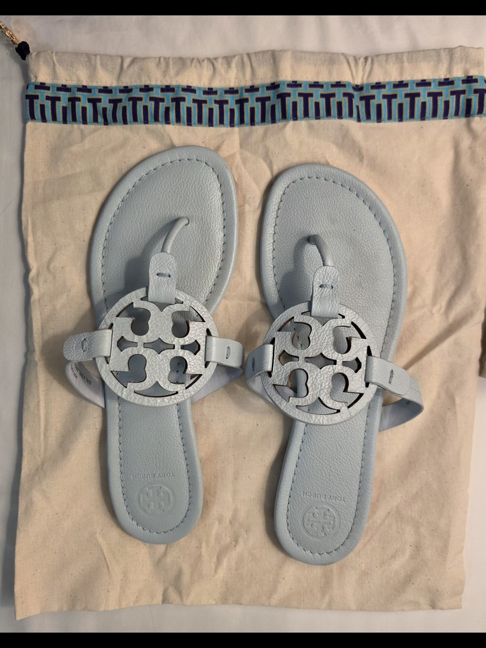 Tory Burch Light Blue Leather Logo Thong Sandals